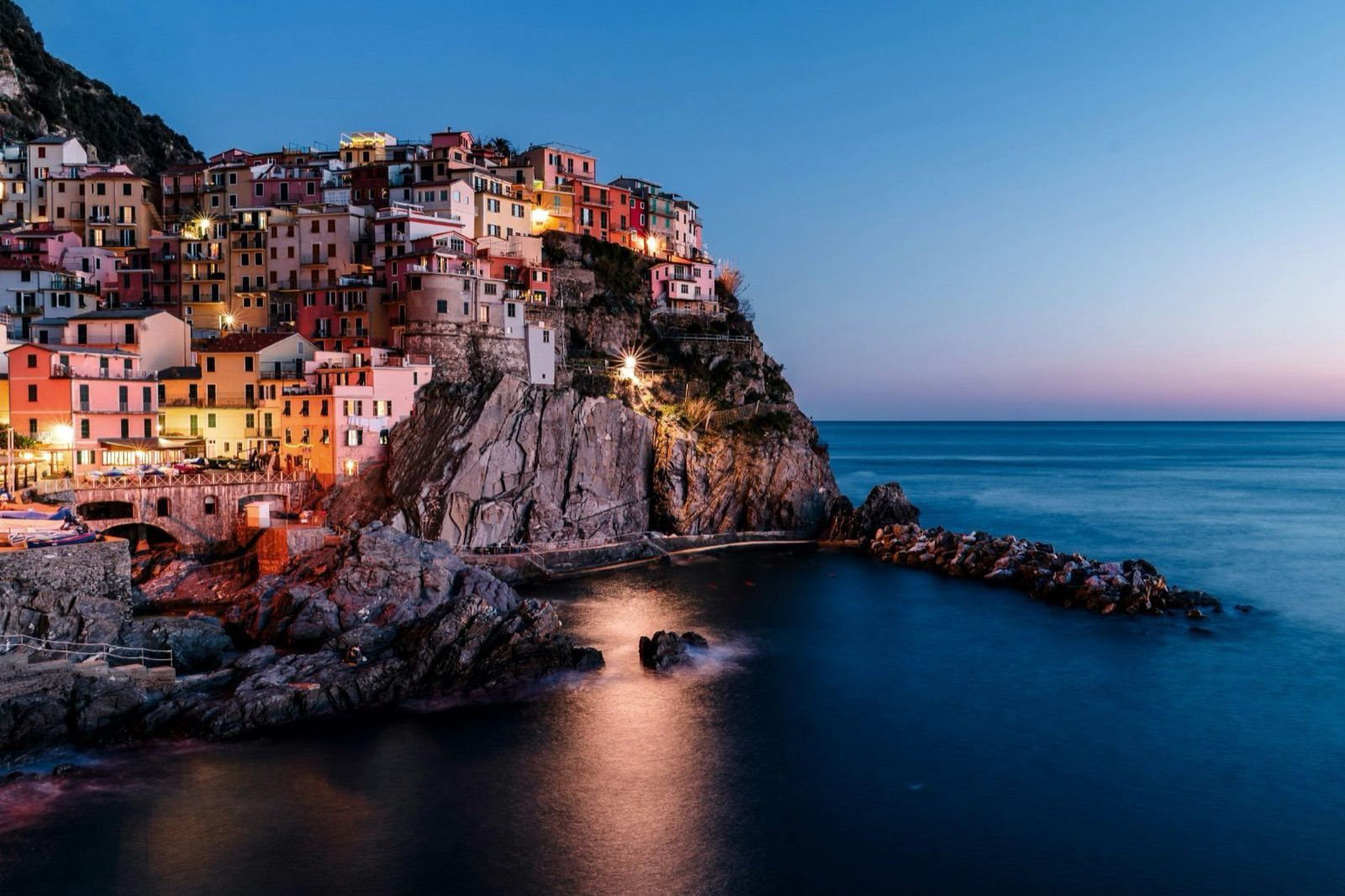 Village on the sea at dusk